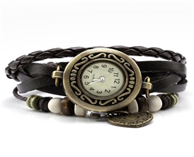 JSDDE Uhren,Vintage Wickelarmband Damen Armbanduhr Lederarmband Bronze Herz Anh?nger Holzperlen Analog Quarz Uhr, Dunkelbraun